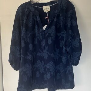 Umgee Navy Floral Jacquard Tunic Top